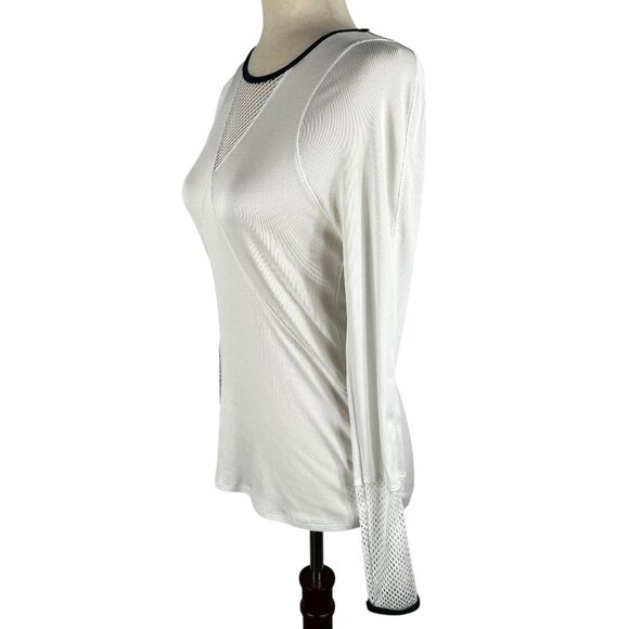 Lucky in Love White Long Sleeve Mesh Insert Top with Navy Trim Size Small - Picture 3 of 8